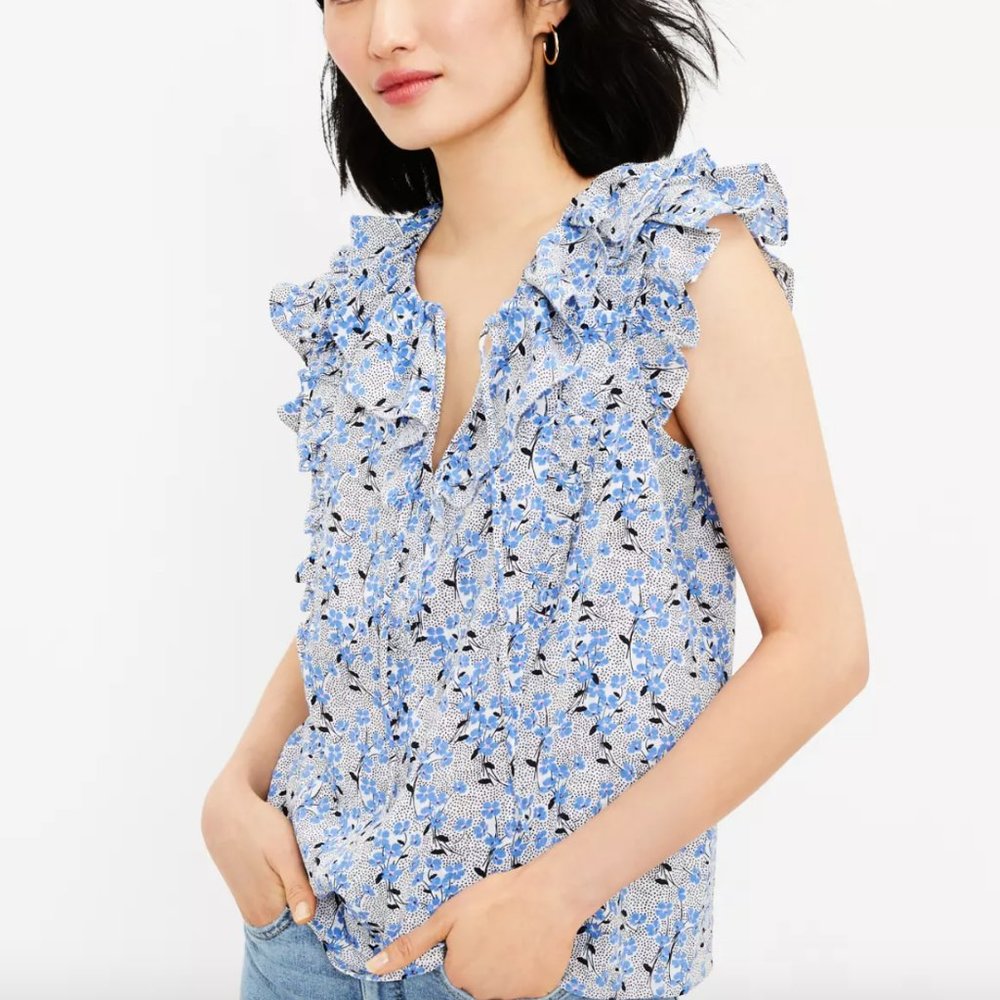 LOFT "Bouquet Ruffle Tie Neck Shell," Medium, PERFECT condition